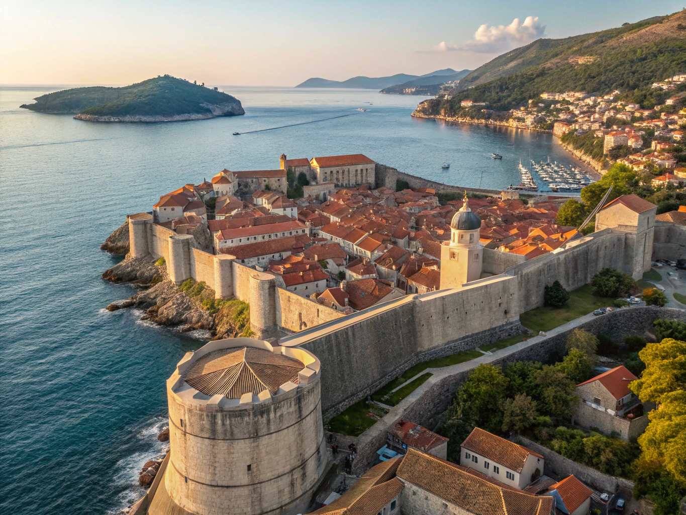 Panoramic aerial view of Dubrovnik's historic walled old town and fortress jutting into the Adriatic Sea