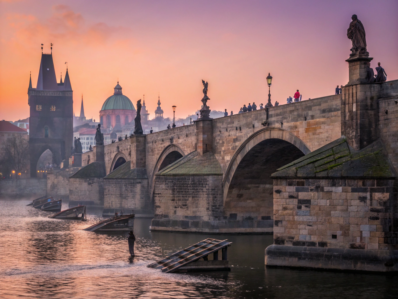 Historic Charles Bridge lined with statues leading to Prague Castle at dawn