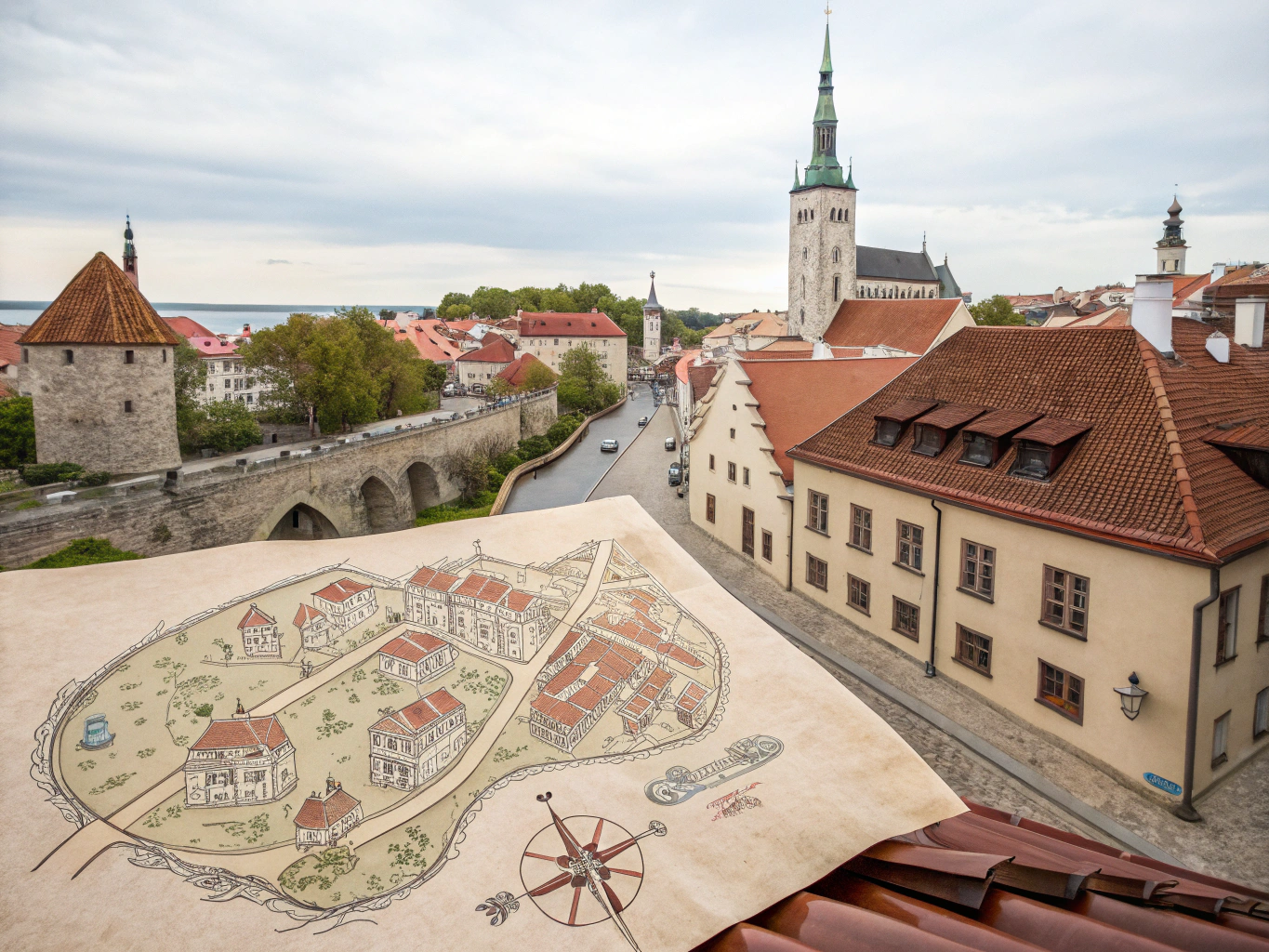 Red-tiled medieval watchtowers and spires of Old Town Tallinn seen from Patkuli viewpoint
