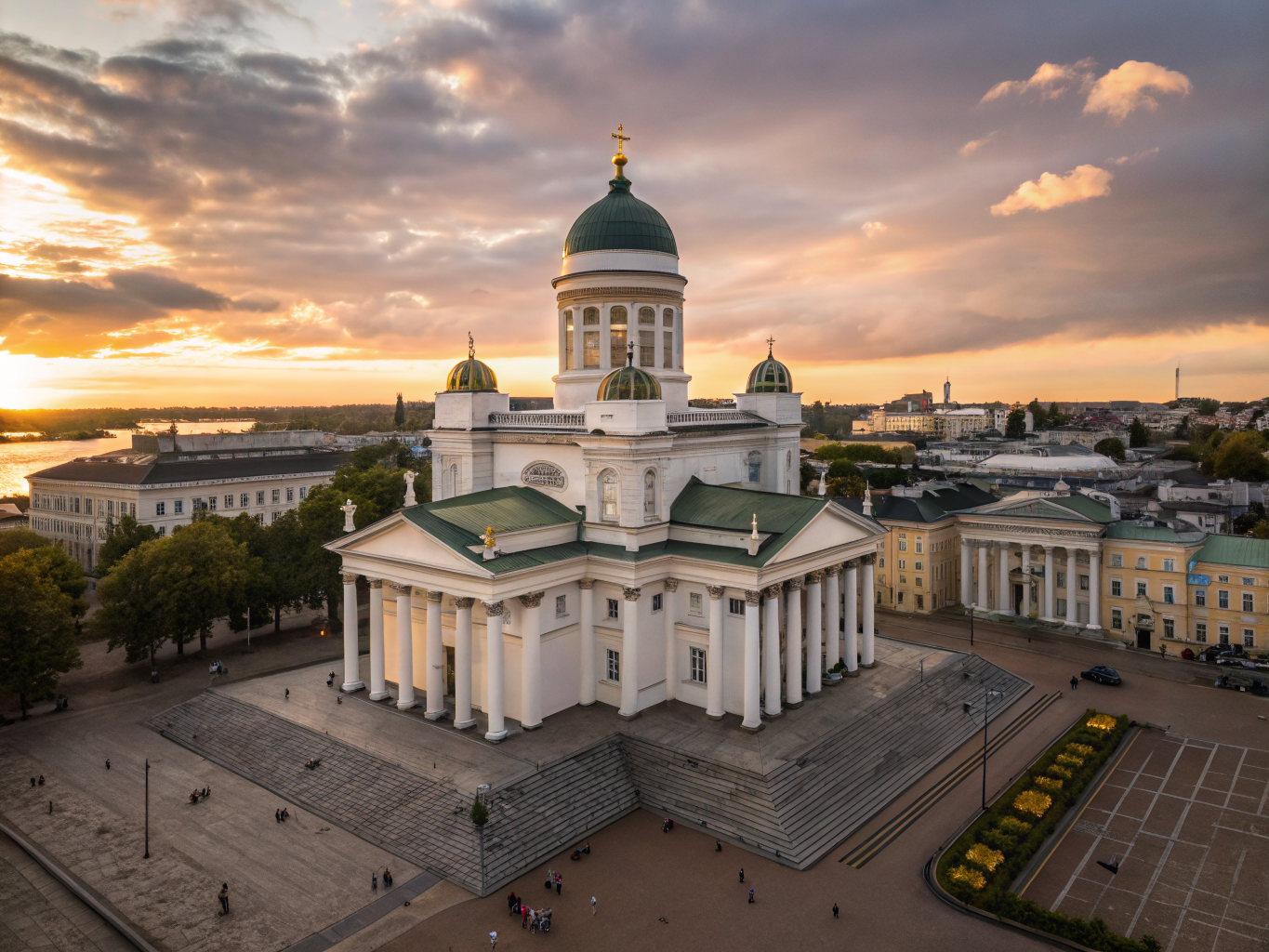 Neoclassical green-domed Helsinki Cathedral overlooking Senate Square in morning light