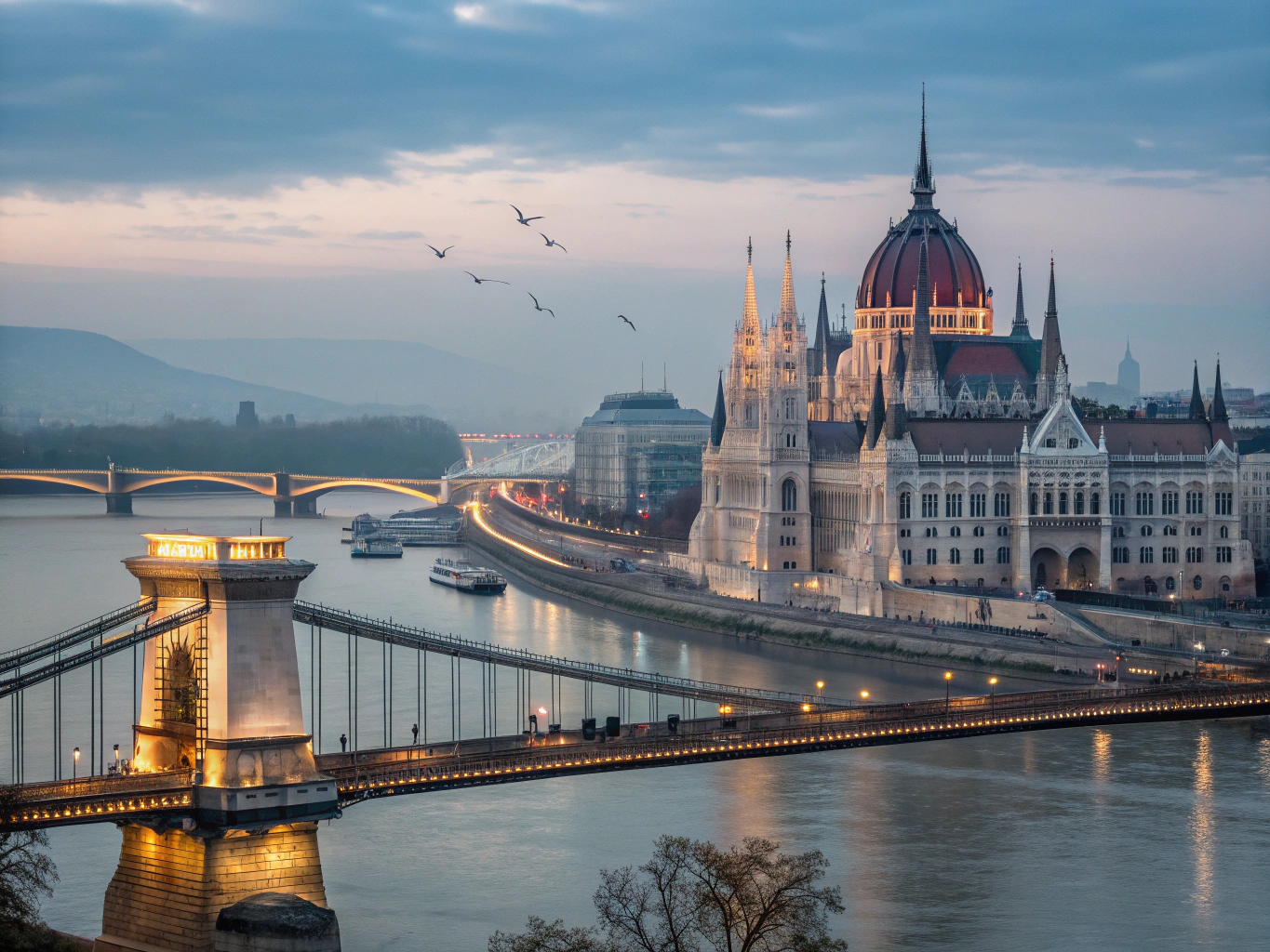 Gothic revival Hungarian Parliament illuminated along the Danube river bank