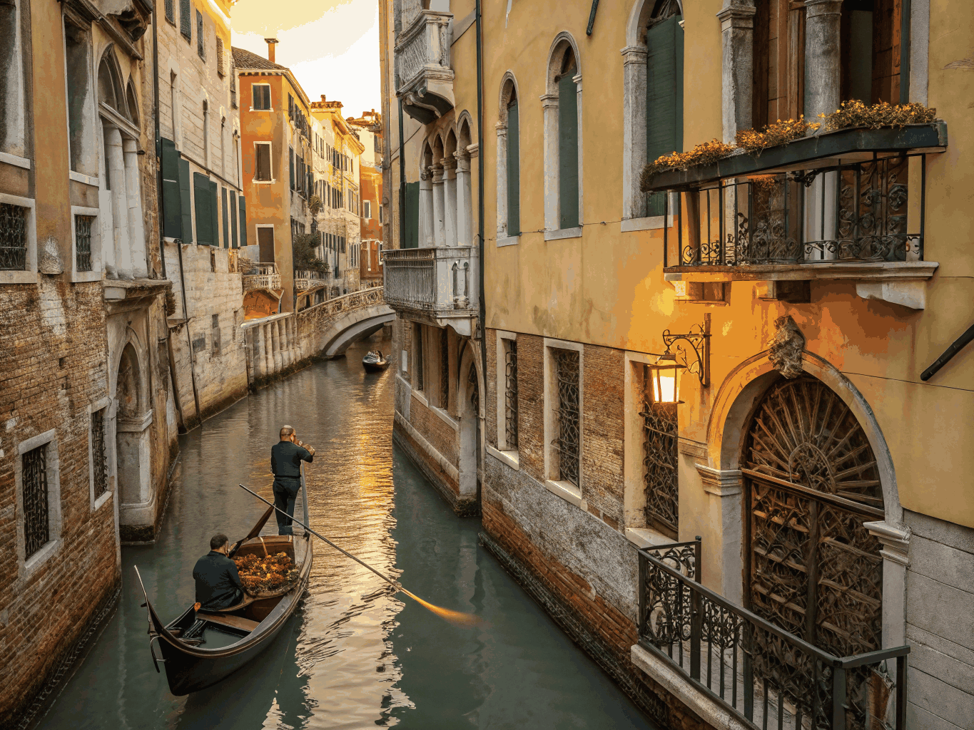 Gondolas navigating a wide open canal in Venice with historic architecture under warm sunlight