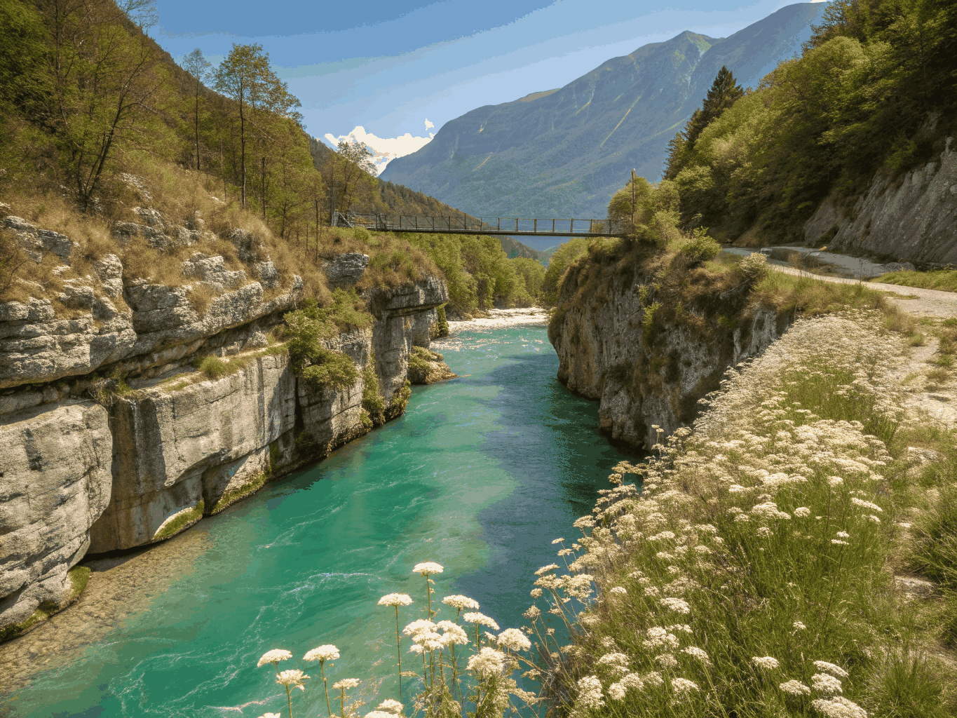 Crystal-clear turquoise waters of the Soča River flowing over white limestone rocks near Bovec