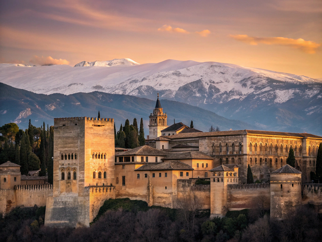 Impressive aerial panoramic view of the ancient Alhambra fortress and palace complex glowing against the Sierra Nevada mountains in Granada