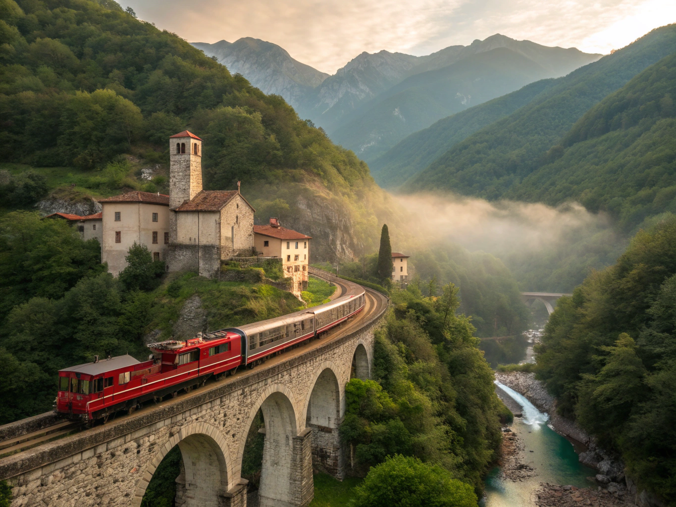 Iconic red Swiss train crossing the dramatic curved stone arches of the Landwasser Viaduct over an alpine gorge