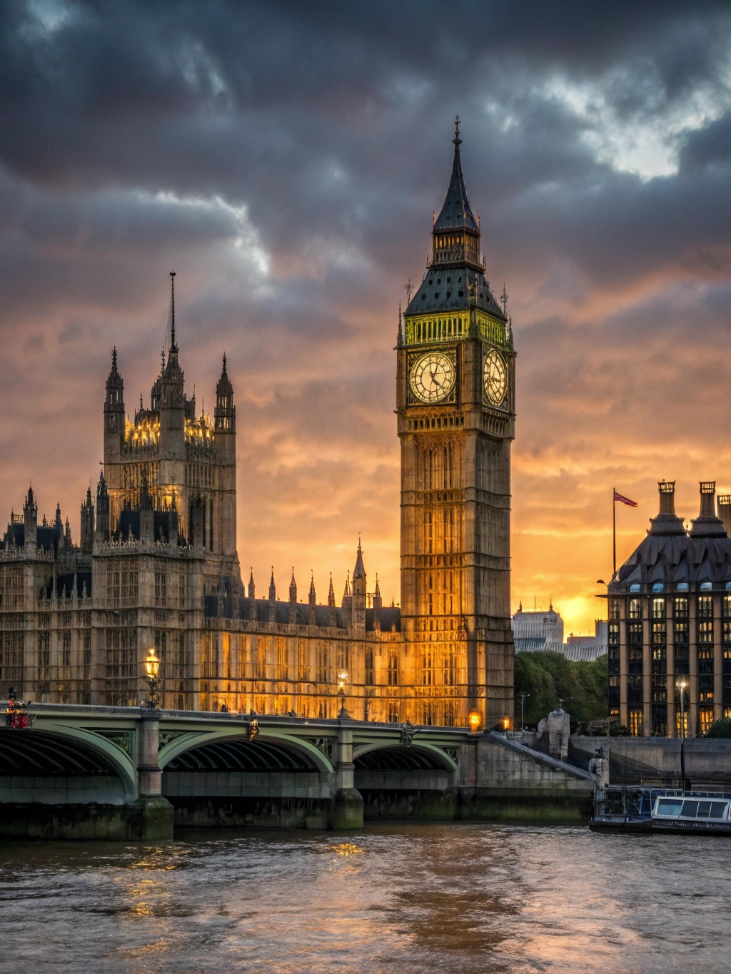 Elizabeth Tower housing Big Ben and the Houses of Parliament illuminated over Westminster Bridge