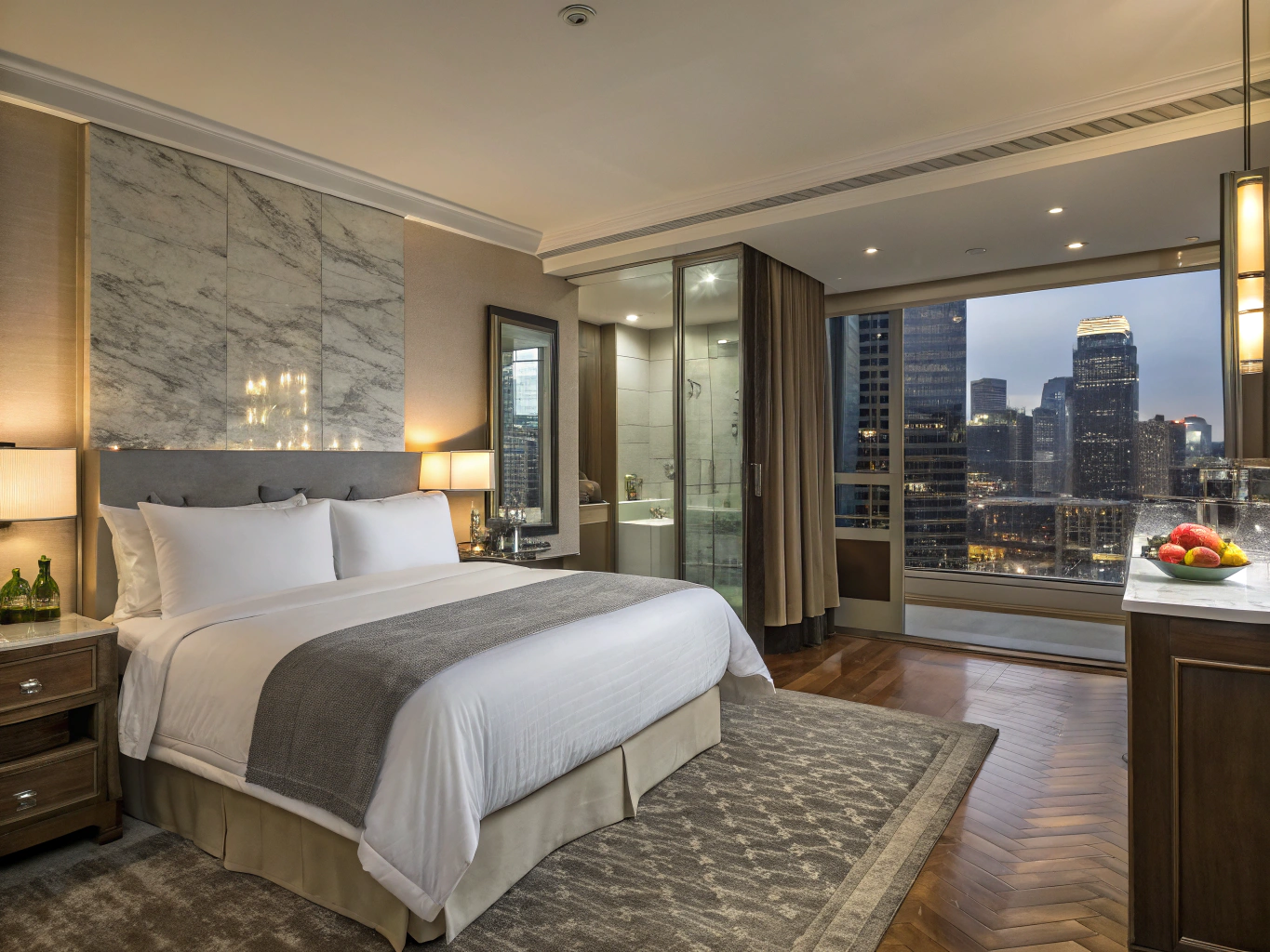 Boutique historic hotel suite overlooking Parisian rooftops at twilight