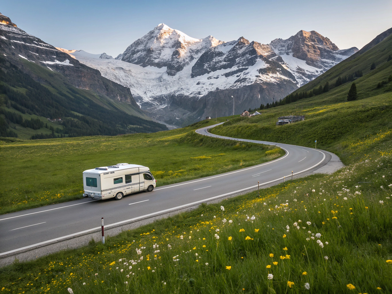 Scenic winding road through a tranquil remote European alpine village