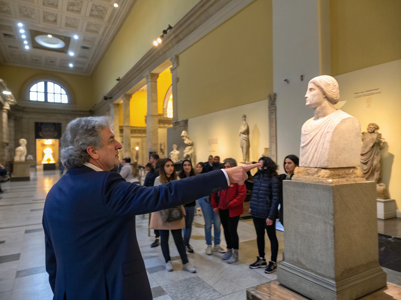 Private curator leading a quiet walkthrough of a historic European gallery