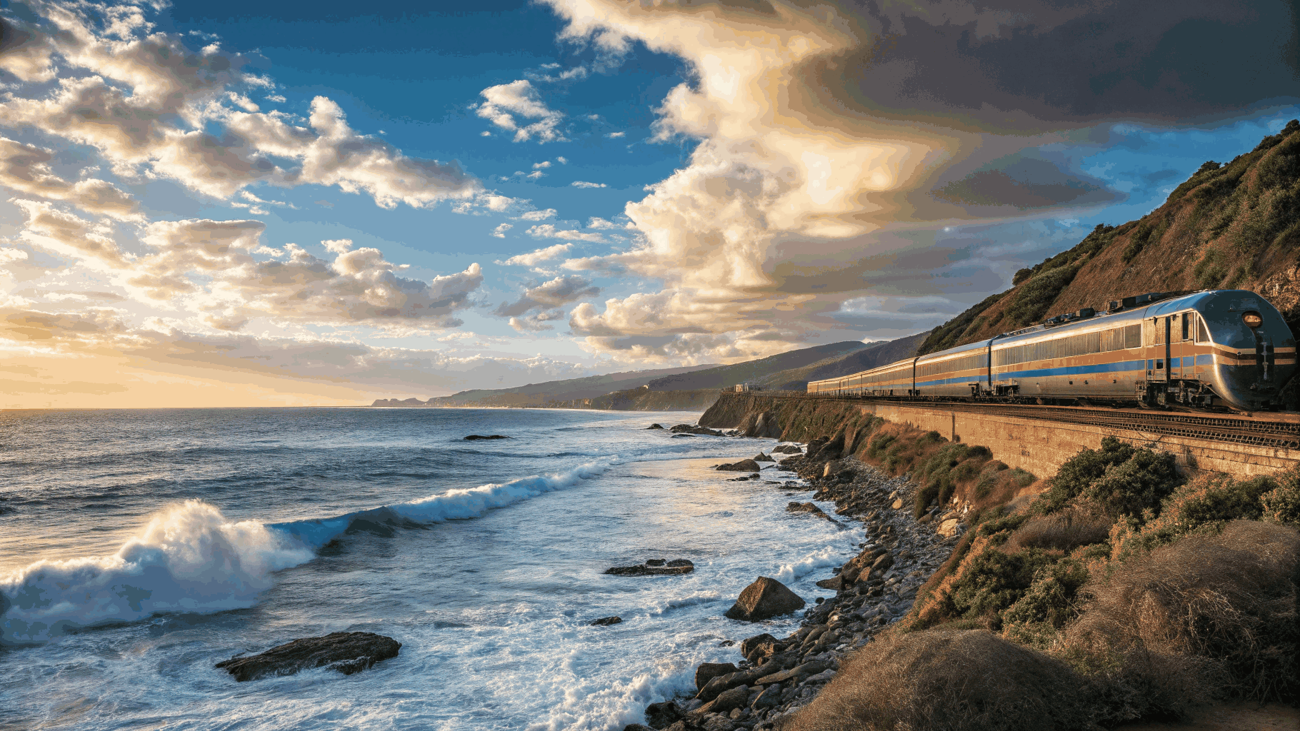 Scenic European passenger train gliding past Mediterranean coastline
