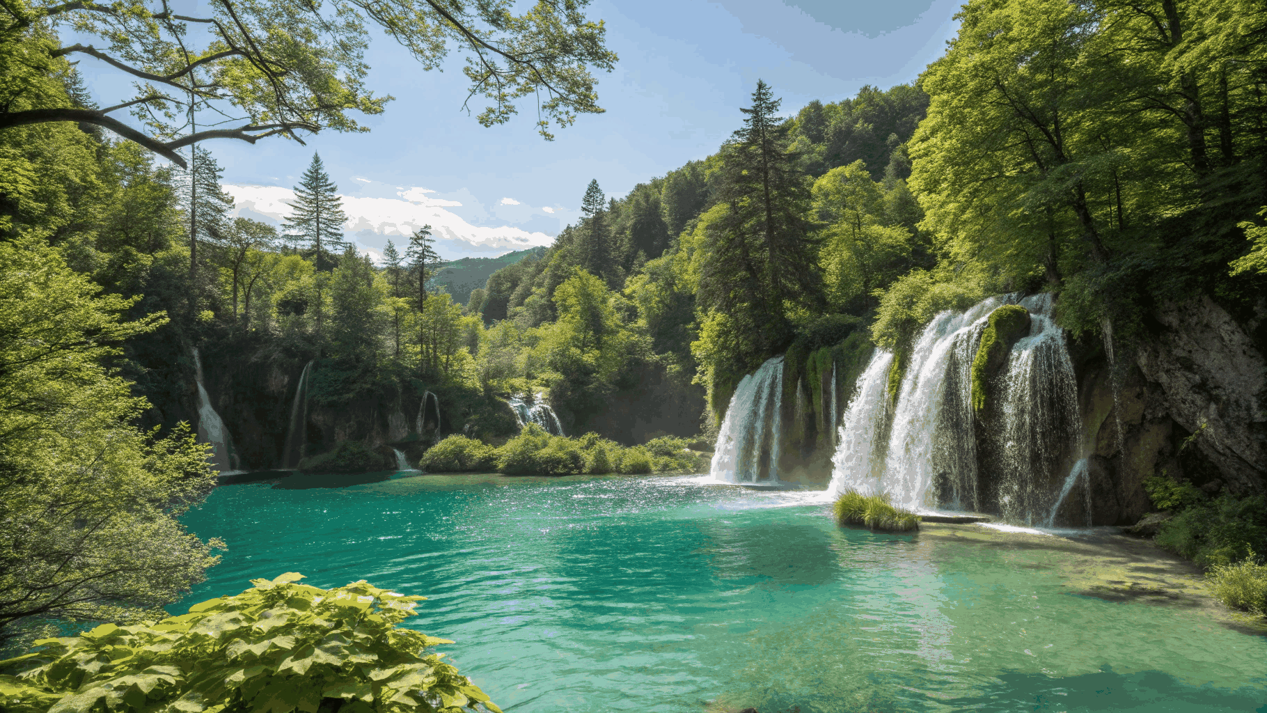 Turquoise cascading waterfalls and lakes of Plitvice Lakes National Park, Croatia