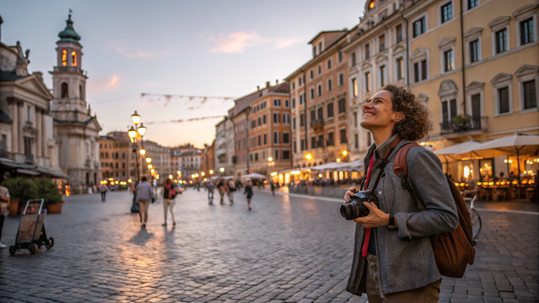 Young traveler exploring an authentic sunlit Italian piazza with a notebook