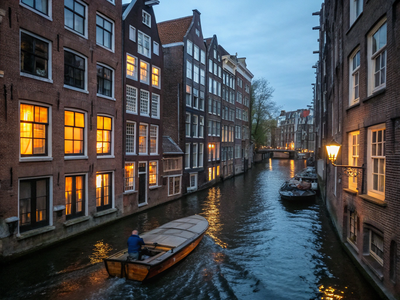 Gabled historic merchant houses and lit arched stone bridges along an Amsterdam canal at dusk