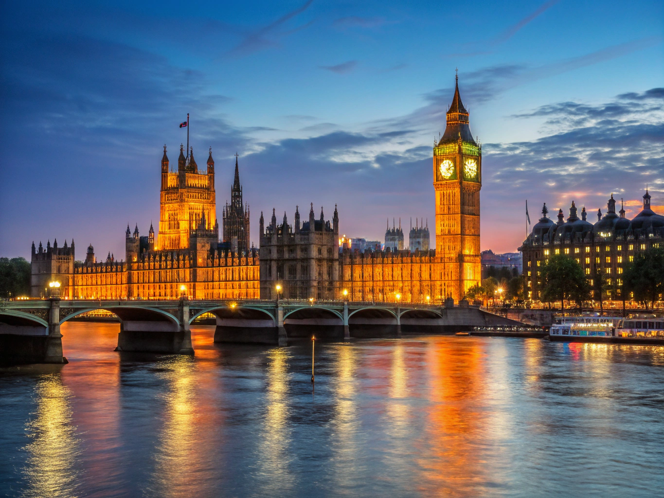 Big Ben and the Palace of Westminster illuminated across the River Thames at sunset