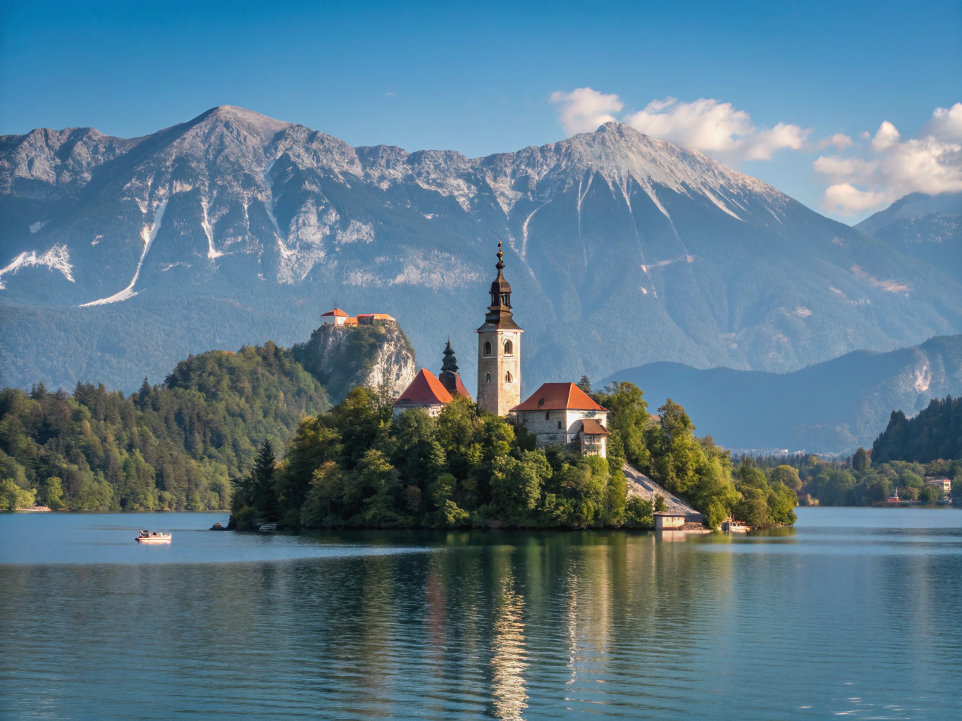 Picturesque pilgrimage church on Lake Bled island with the medieval cliff castle in the background