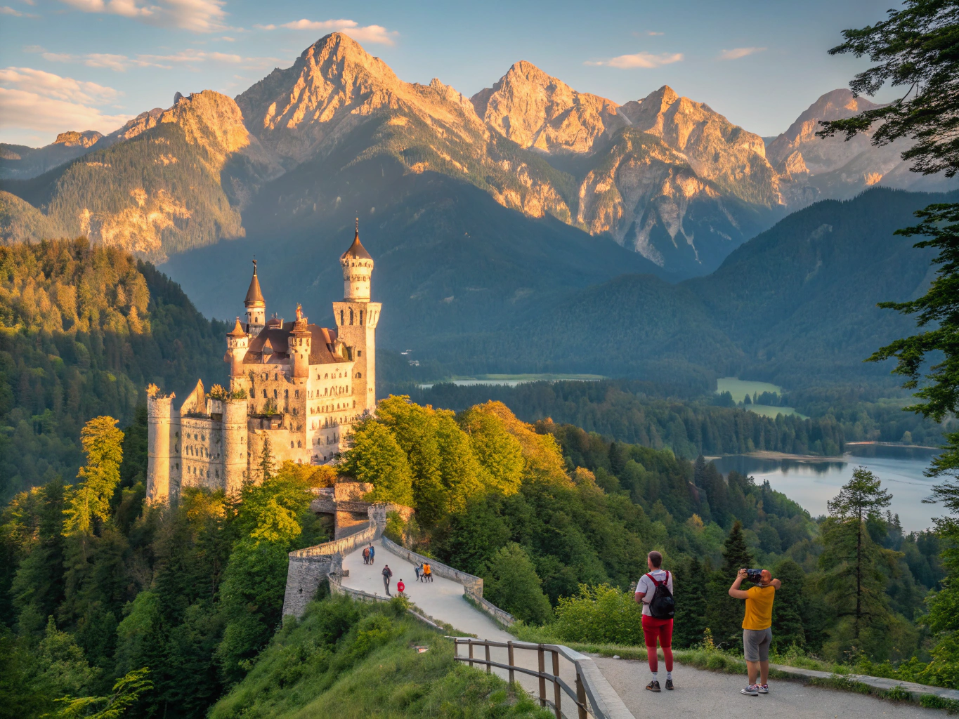 Fairytale Neuschwanstein Castle perched atop rugged wooded Bavarian foothills