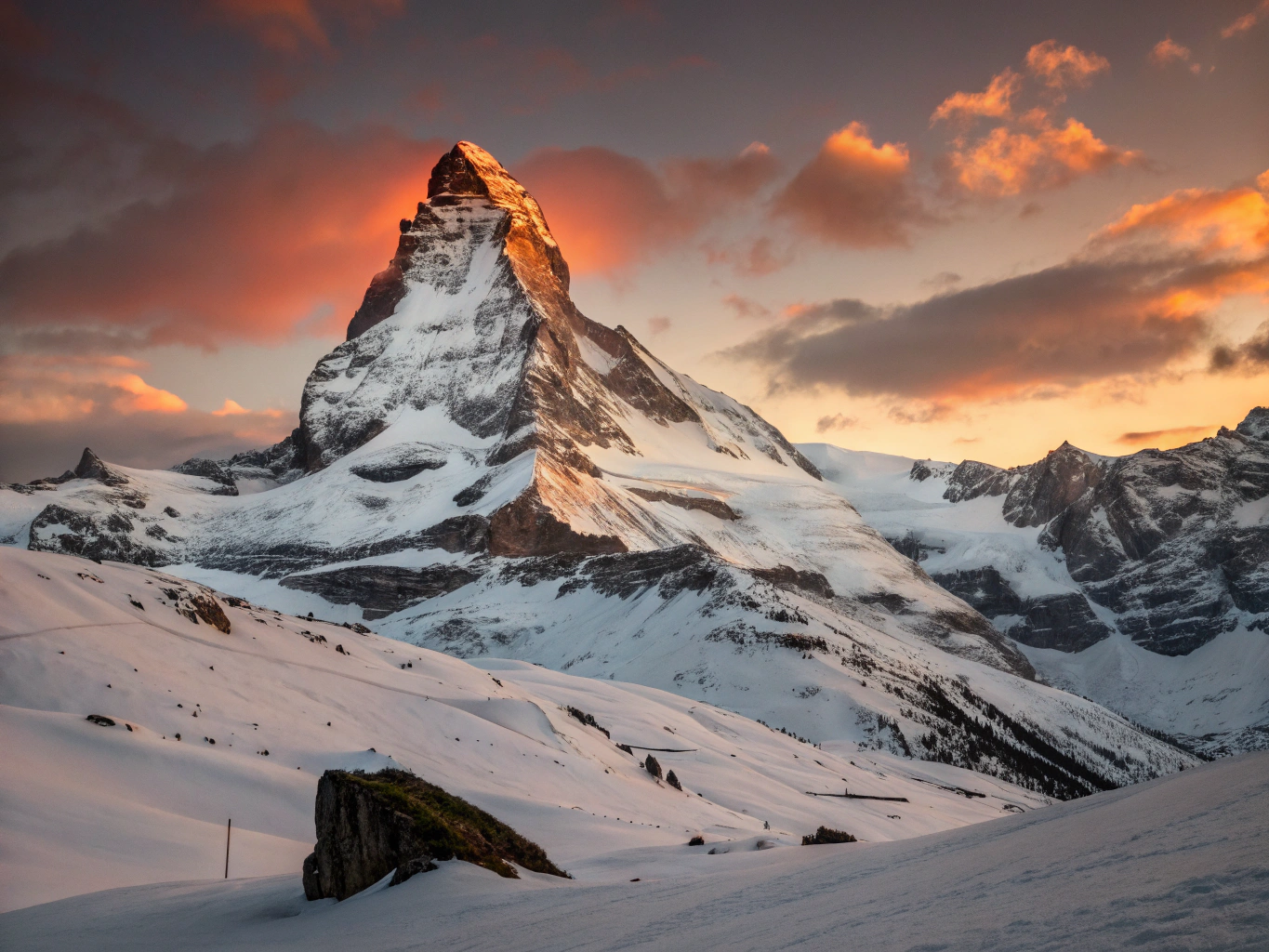 The sharp pyramid peak of the Matterhorn glowing in golden light above snowy slopes near Zermatt