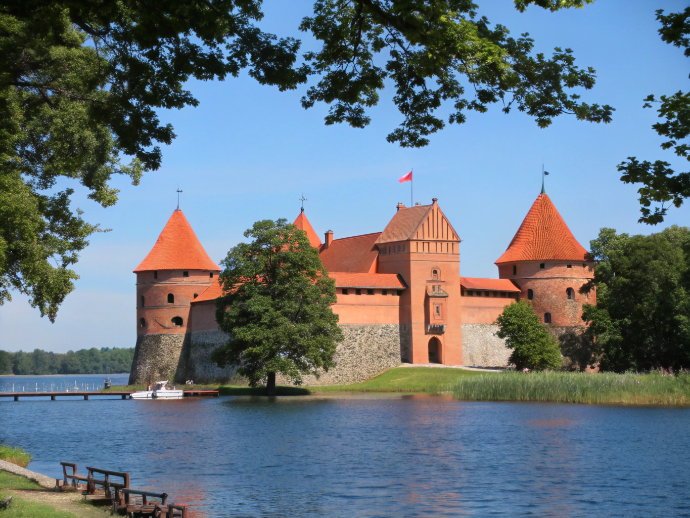 Gothic red brick Trakai Island Castle situated on Lake Galve under soft light