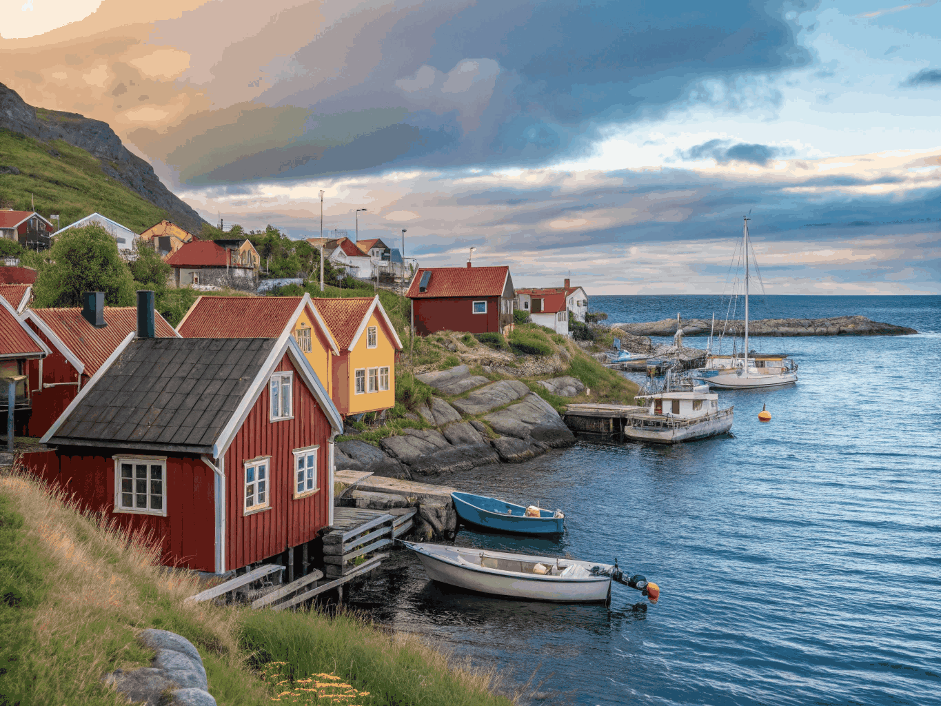 Scenic waterfront street with traditional Nordic timber architecture and serene coastal views