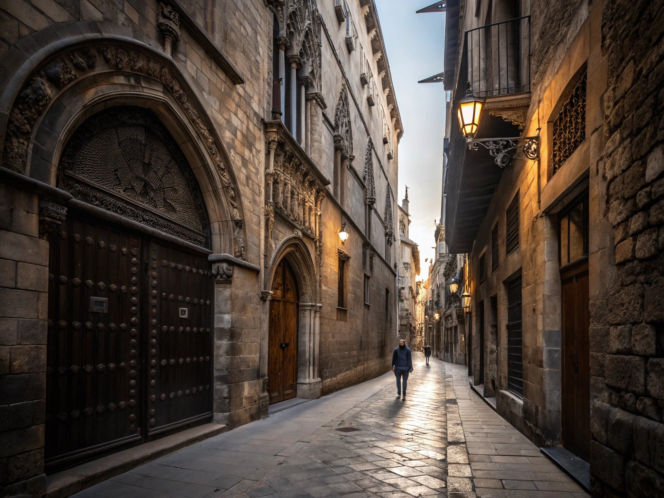 Ornate neo-gothic bridge spanning a narrow stone lane in Barcelona