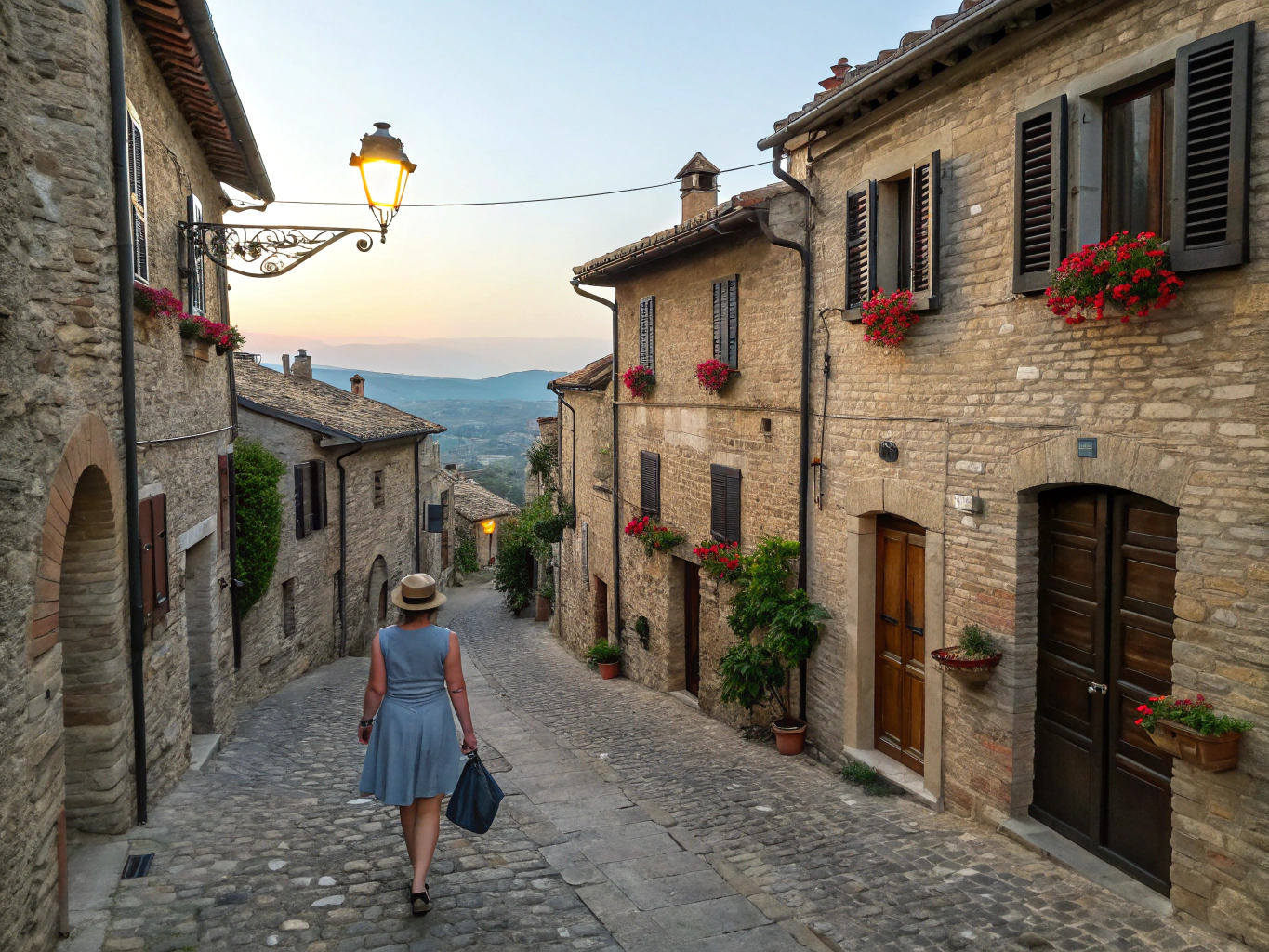 Historic European cobblestone lane lined with stone houses in warm sunshine