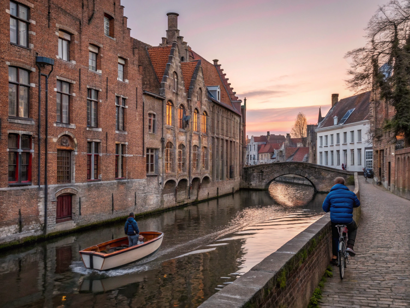 Canal reflection of stepped-gable merchant houses and medieval towers in Bruges