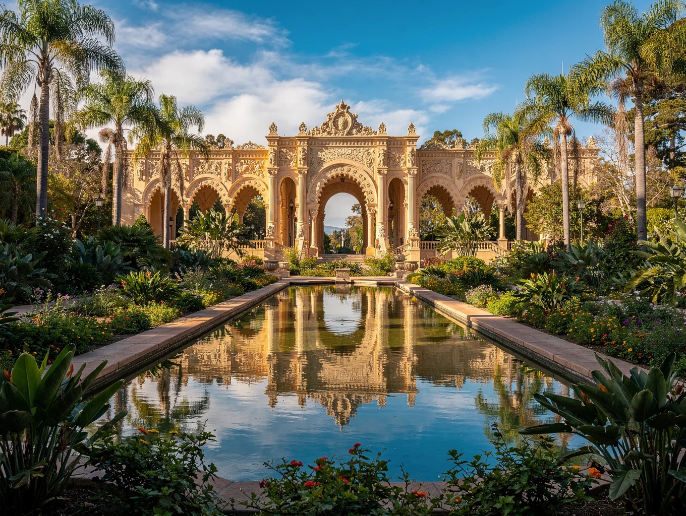 Ornate Spanish-Renaissance buildings and reflecting pool in Balboa Park