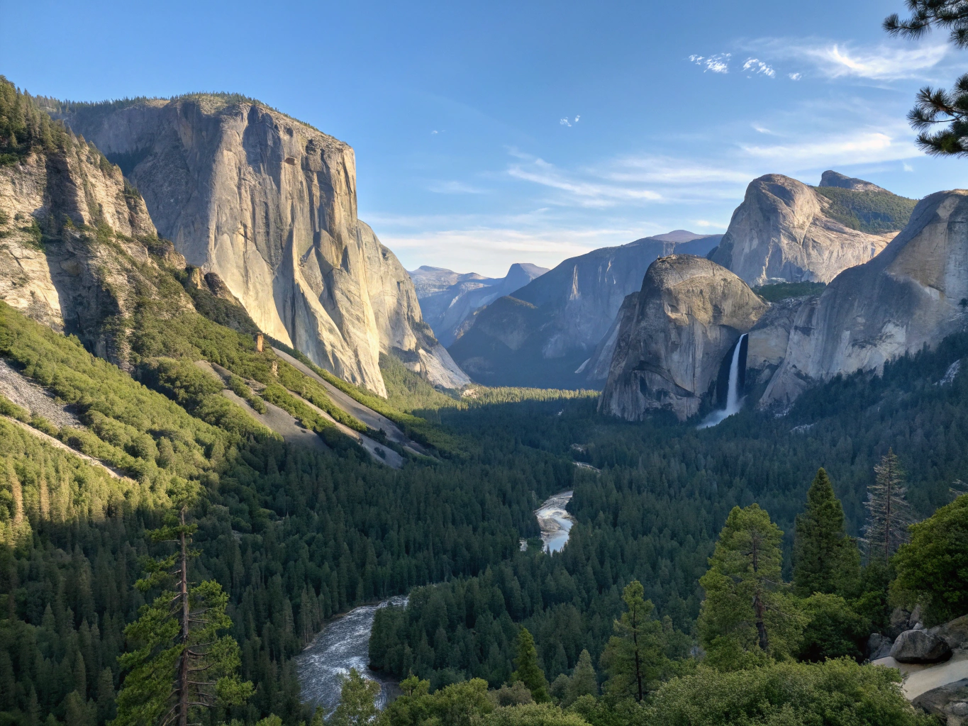 El Capitan and Yosemite Valley framed by alpine pines