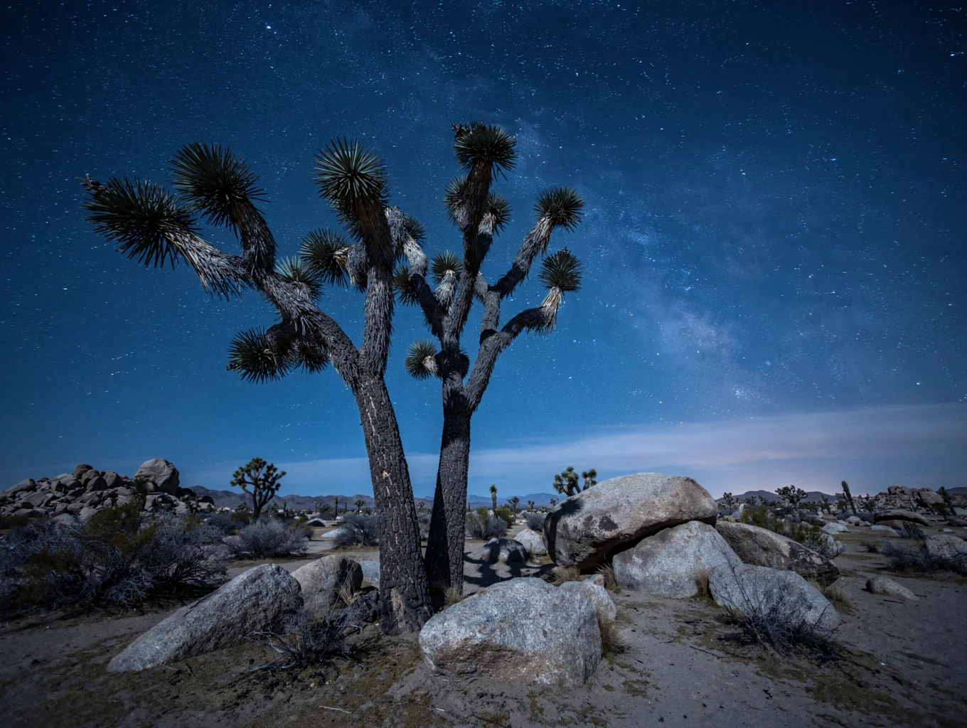 Twisted Joshua trees silhouetted against desert rock formations