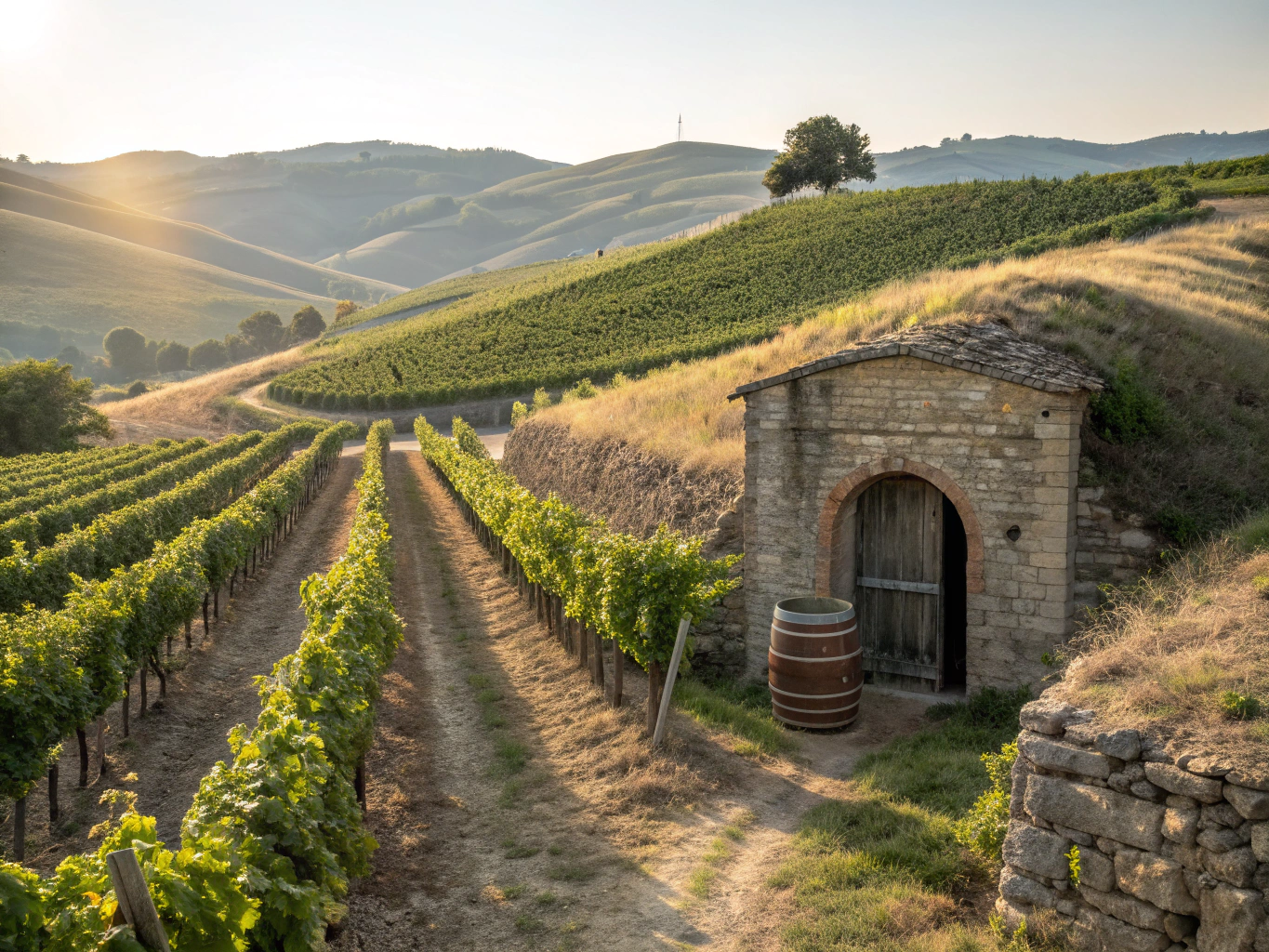 Lush terraced grapevines across the hills of Napa Valley