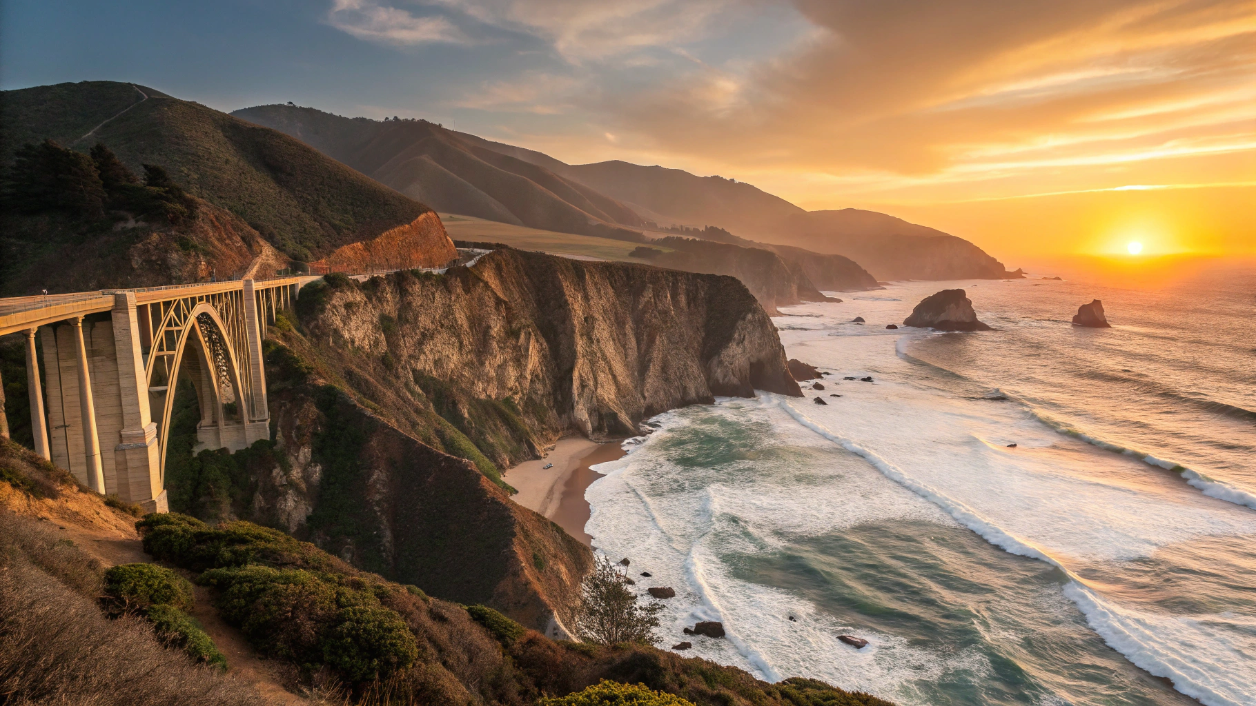 Pacific Coast Highway curving along dramatic coastal cliffs with ocean waves