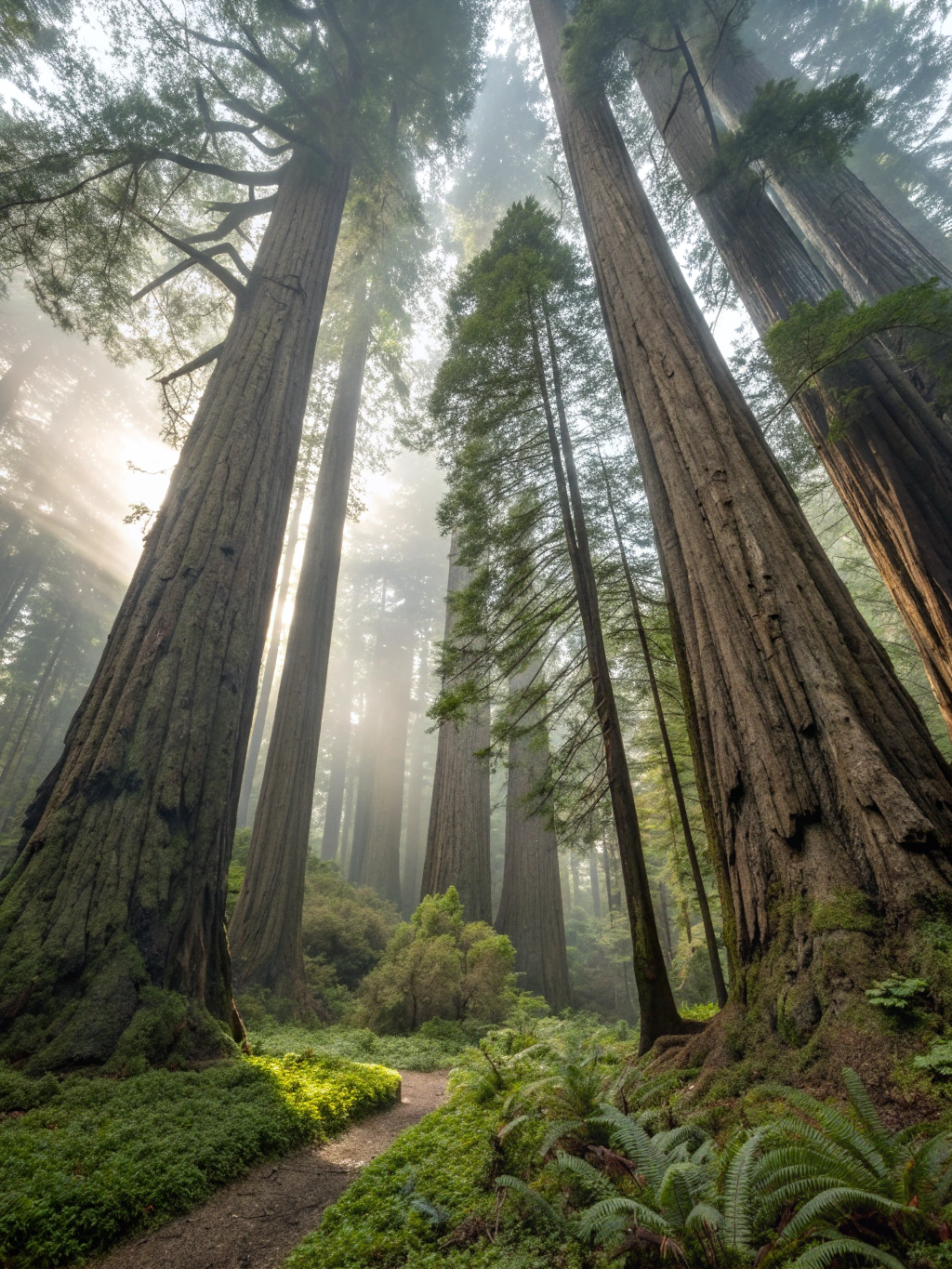 Massive primeval coastal redwood trunks with radiant shafts of sunlight breaking through morning fog
