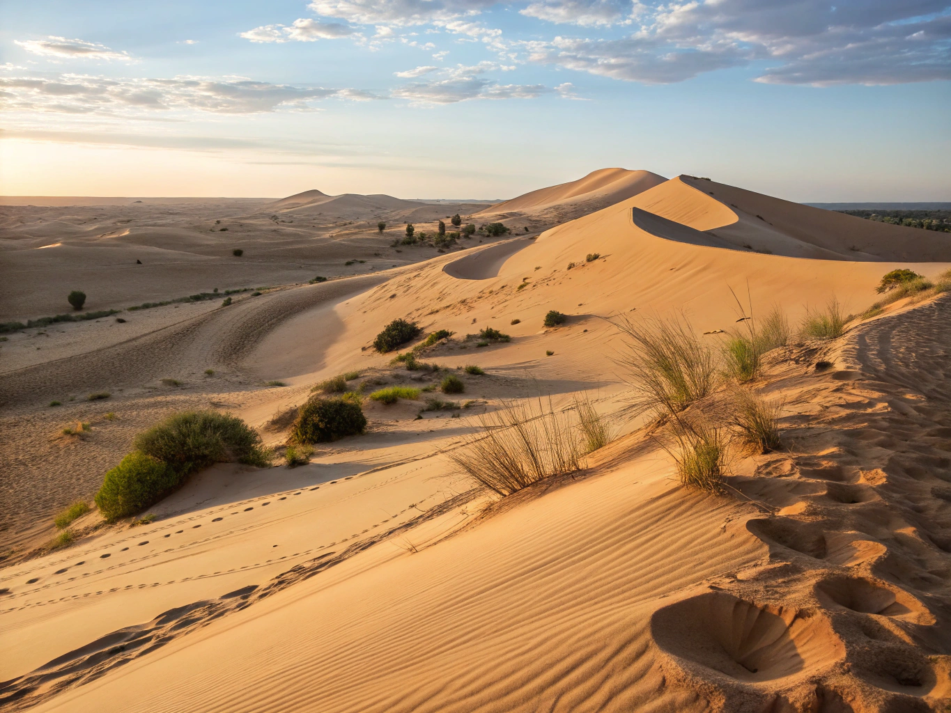Wind-sculpted sand ridges of the Mesquite Flat Sand Dunes in Death Valley bathed in warm morning light