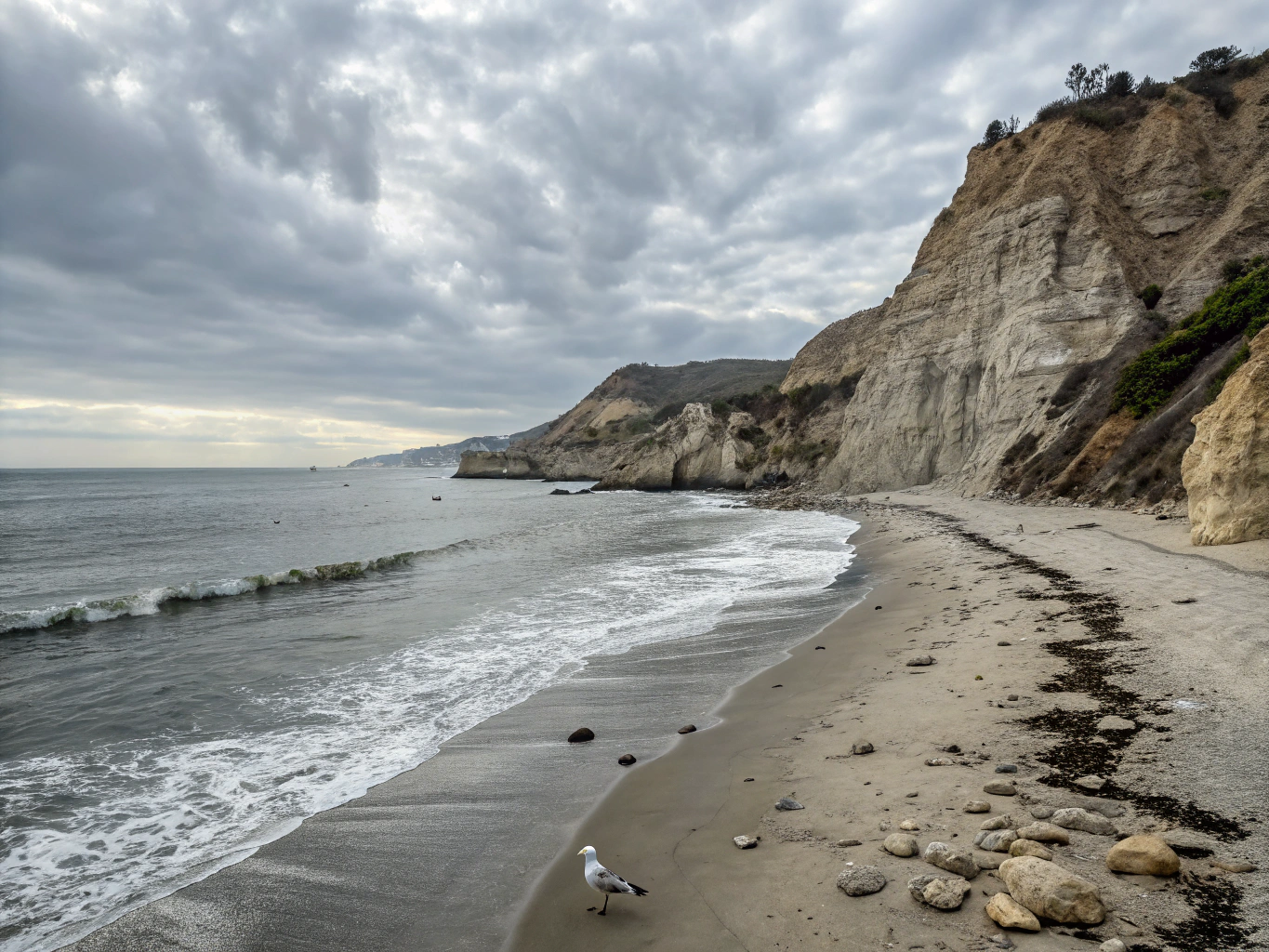 Golden coastal bluffs overlooking clean rolling surf and wide sandy shores in Malibu