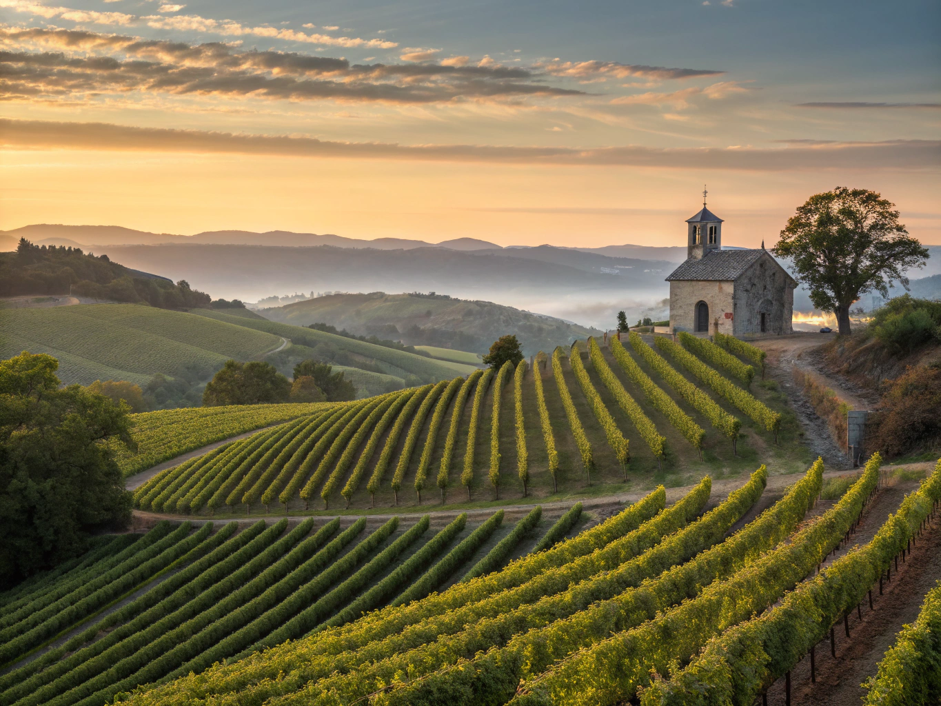 Lush geometric vineyard rows sweeping across rolling Napa Valley hills in warm golden morning light