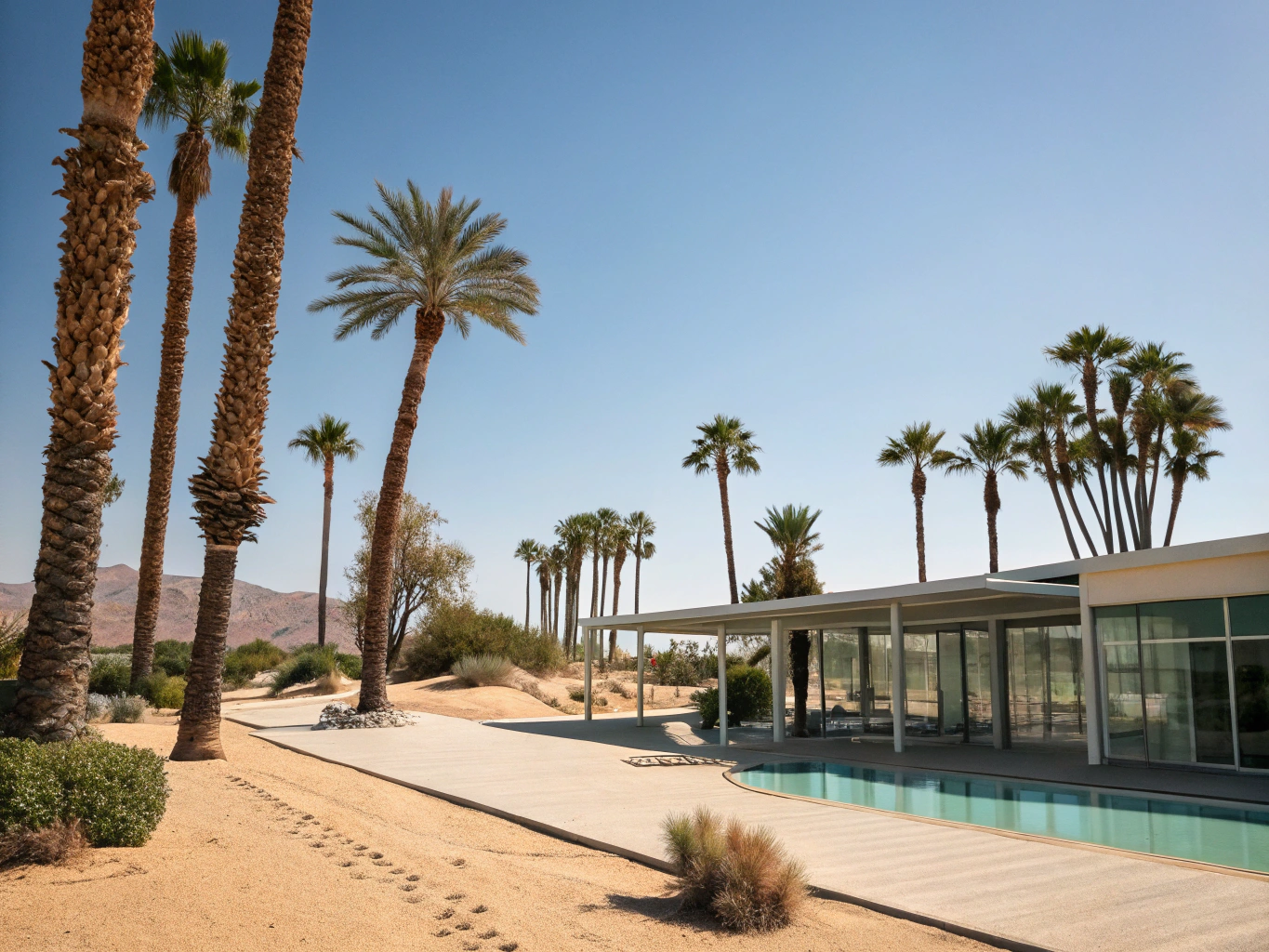 Tall desert fan palms and mid-century architecture framed by the rugged San Jacinto mountain range