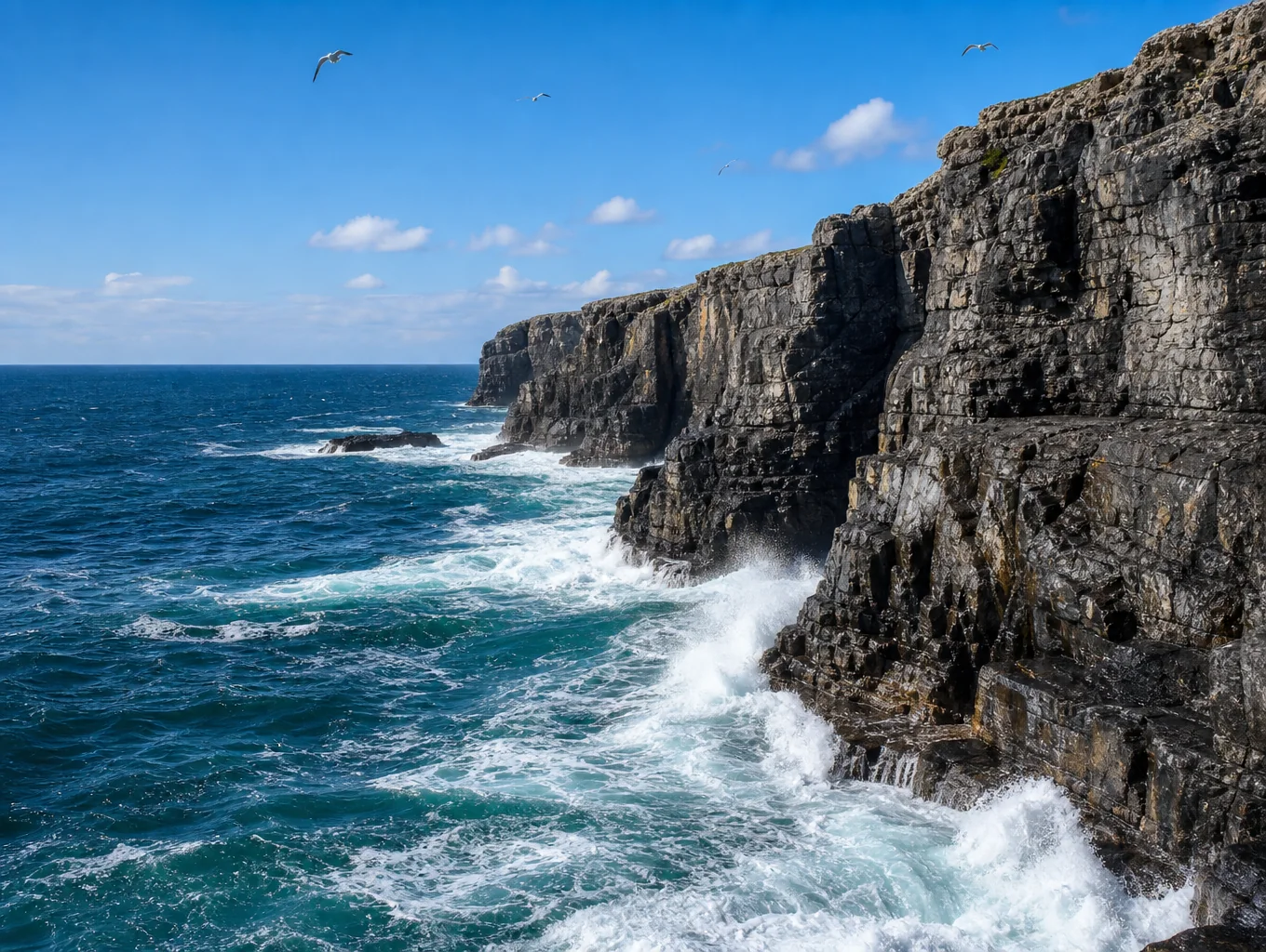 Sheer dramatic sea cliffs along the Pacific Coast Highway dropping into churning turquoise waves
