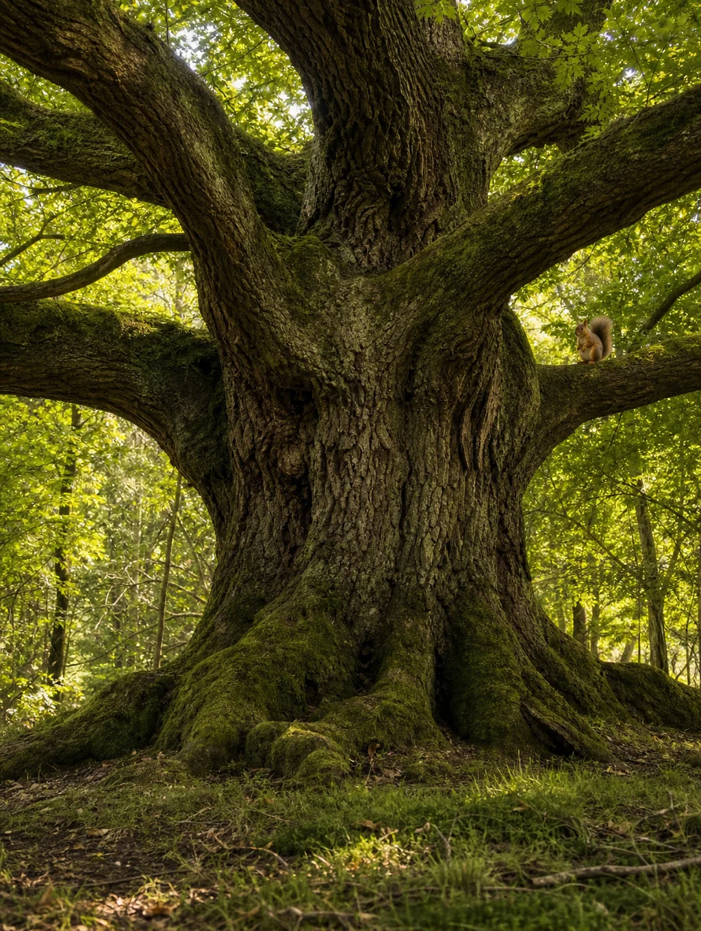 Immense ancient giant sequoia tree trunks standing tall amidst lush alpine mountain forest undergrowth