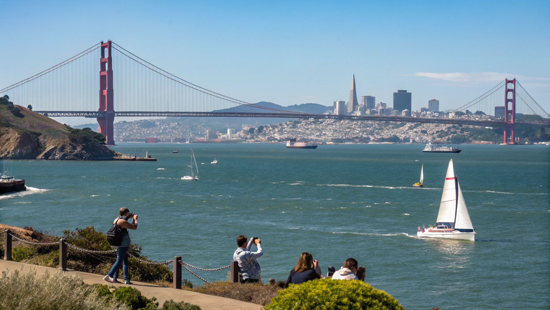 Aerial view of Alcatraz Island with the sunlit San Francisco skyline and bay waters in the background