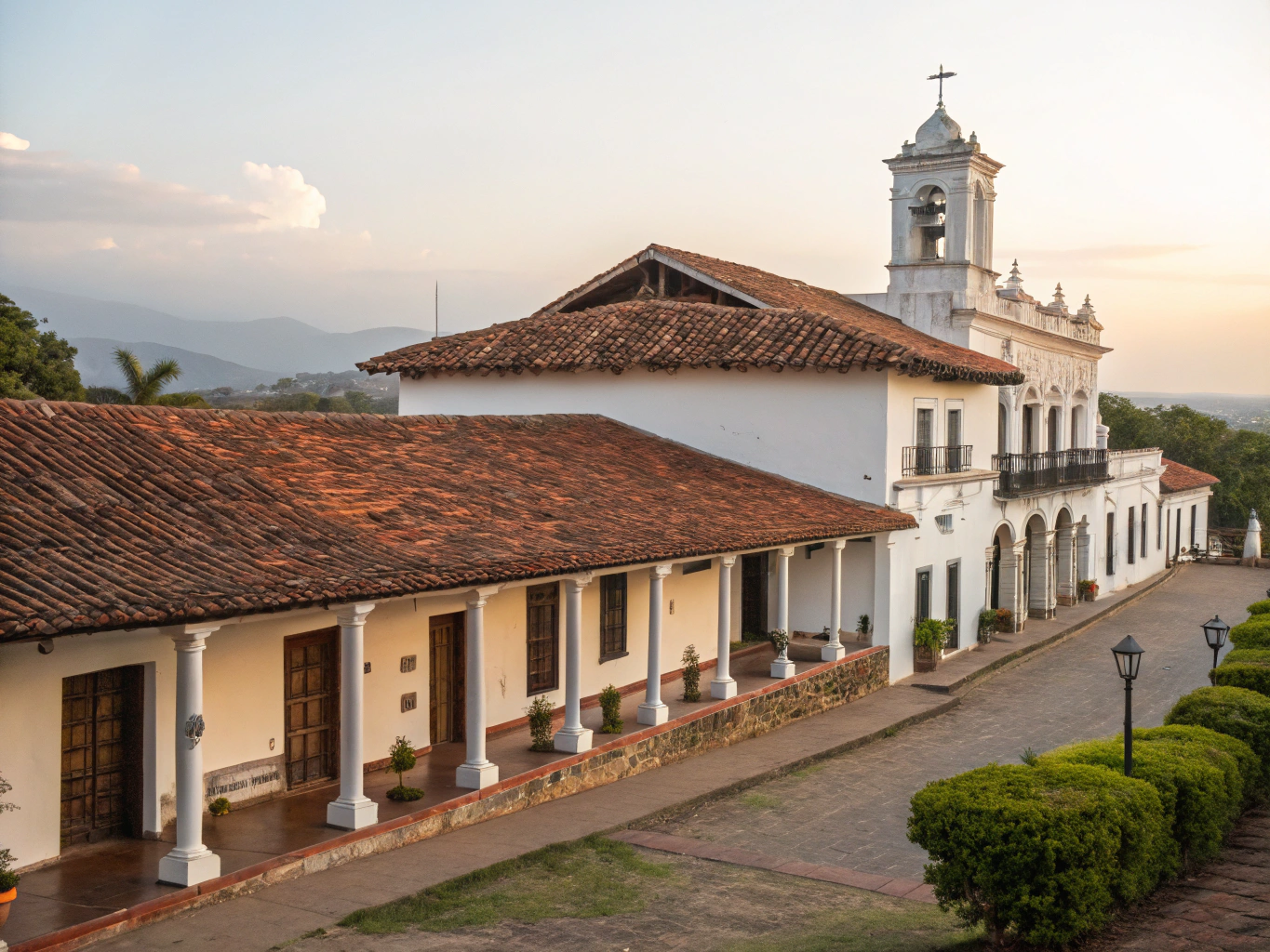 Red-tiled rooftops and Spanish colonial bell tower in Santa Barbara