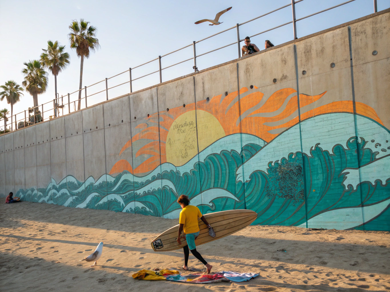 Palm trees and lively ocean promenade at Venice Beach