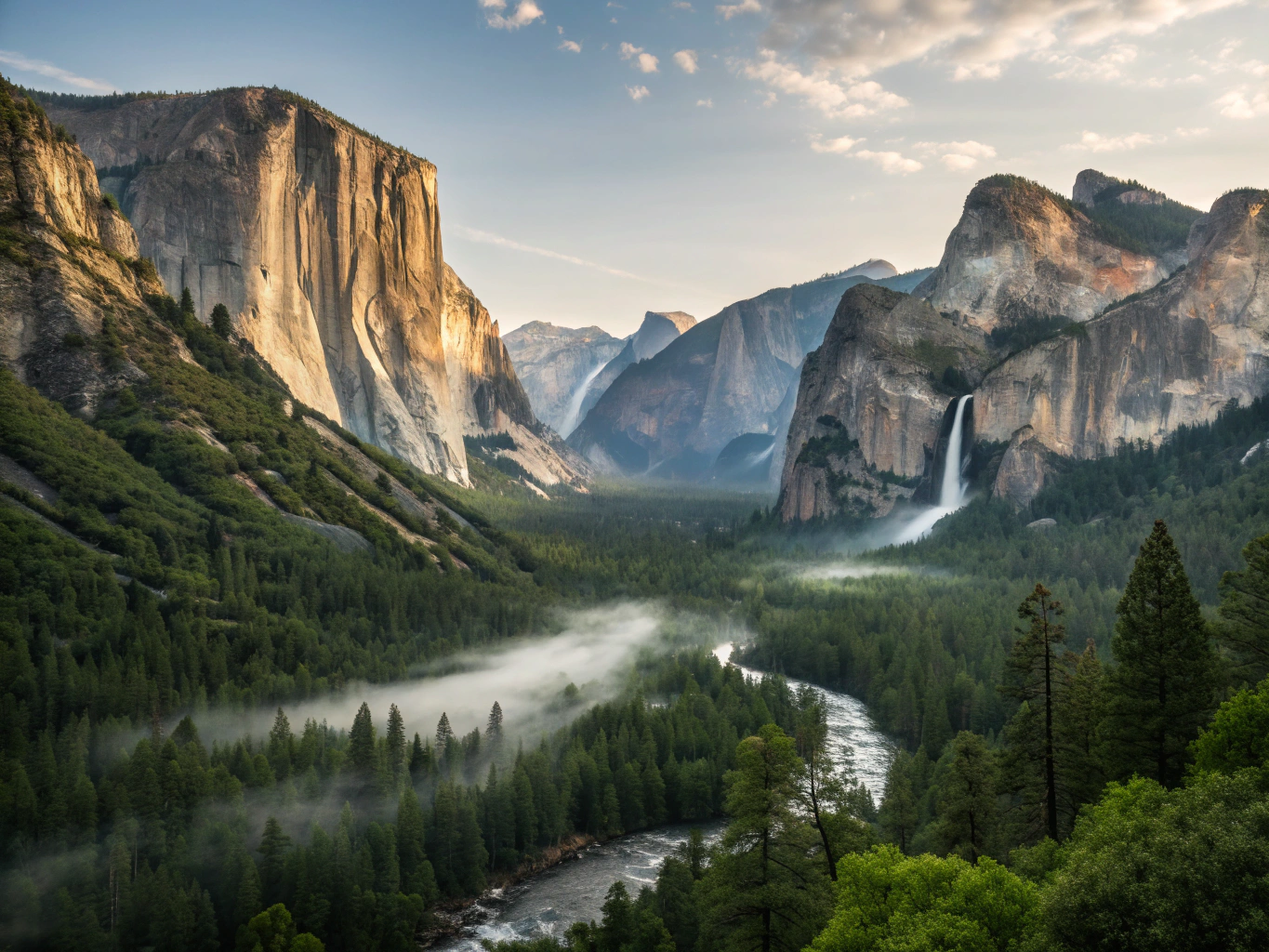 Yosemite Valley panoramic view with El Capitan, Half Dome, and alpine forests