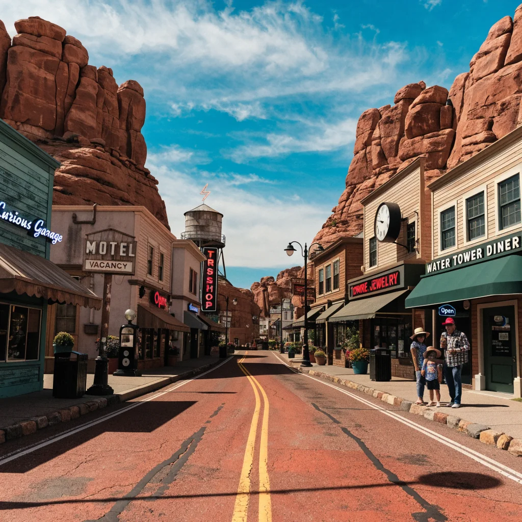 Neon signs and red sandstone cliffs of Radiator Springs in Cars Land