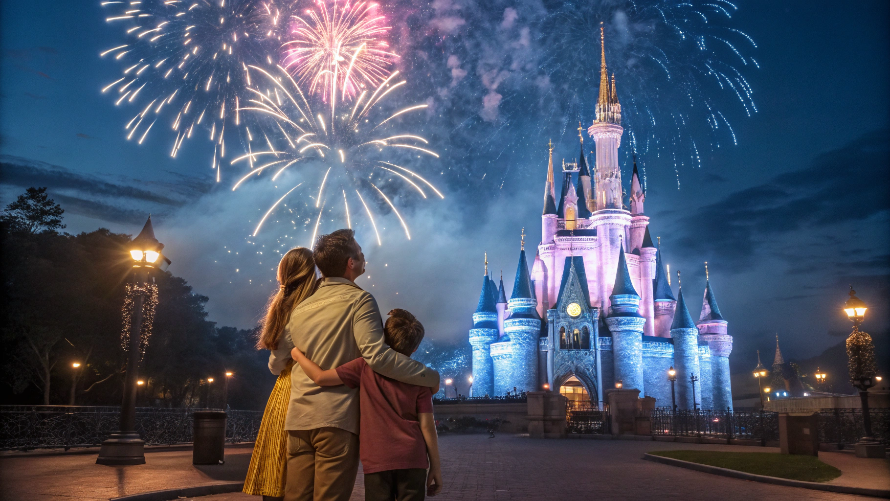 Brilliant fireworks lighting up the night sky over the theme park castle