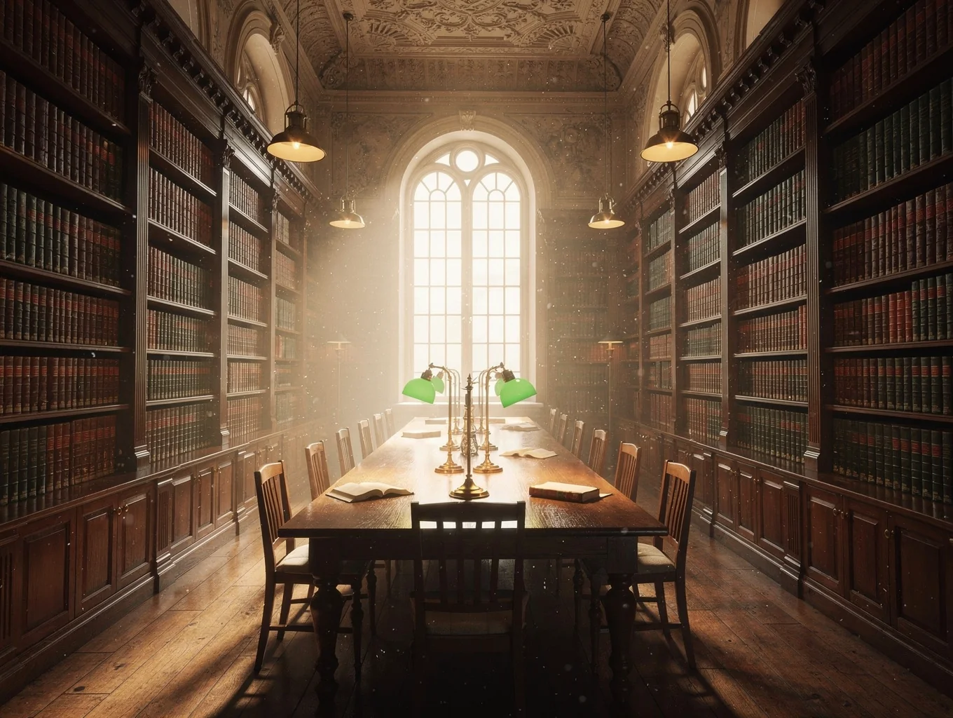 Two-story vaulted wooden library stacked with antiquarian volumes