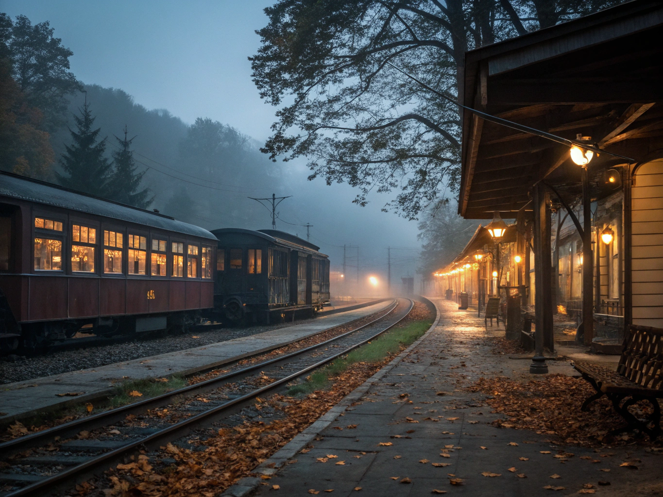 Historic European rail platform bathed in warm morning light