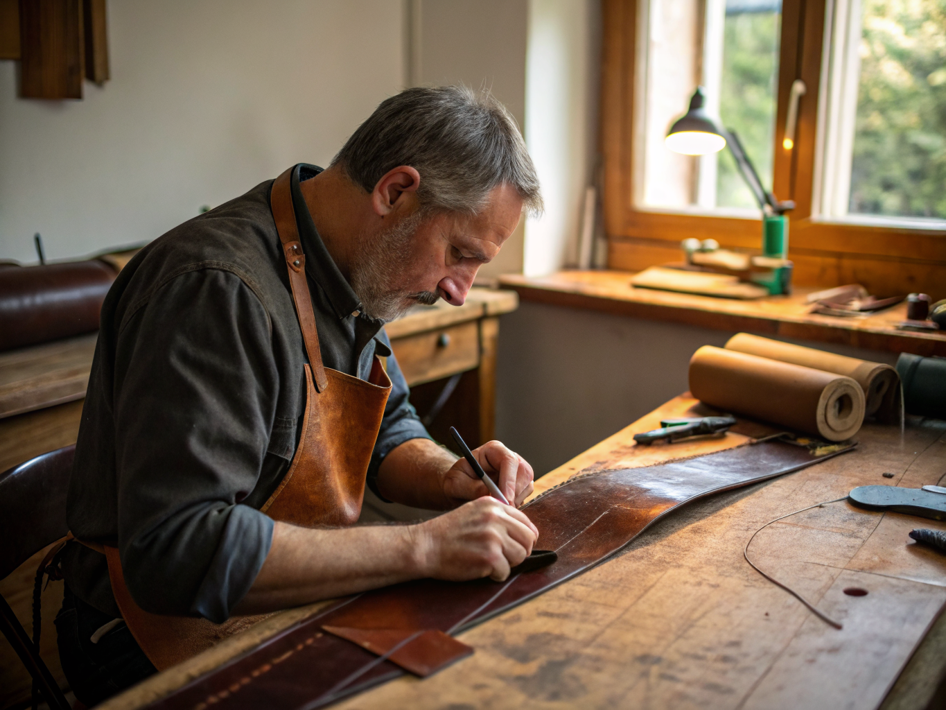 Artisan leather workshop in Florence with tools and warm ambient lighting