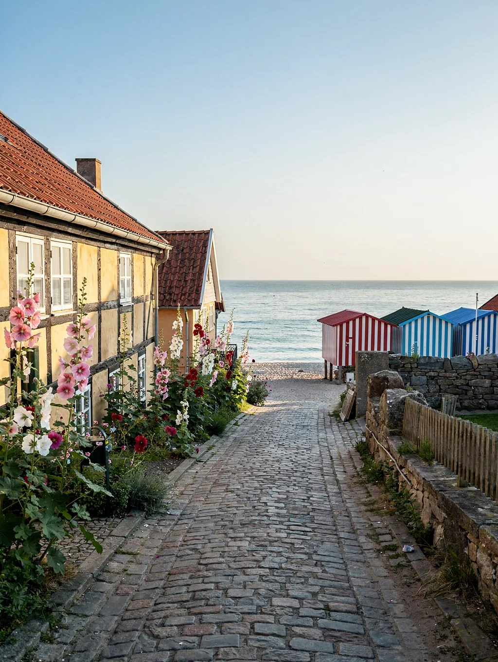 Quaint cobblestone streets lined with hollyhocks and preserved timbered historic homes on Ærø island
