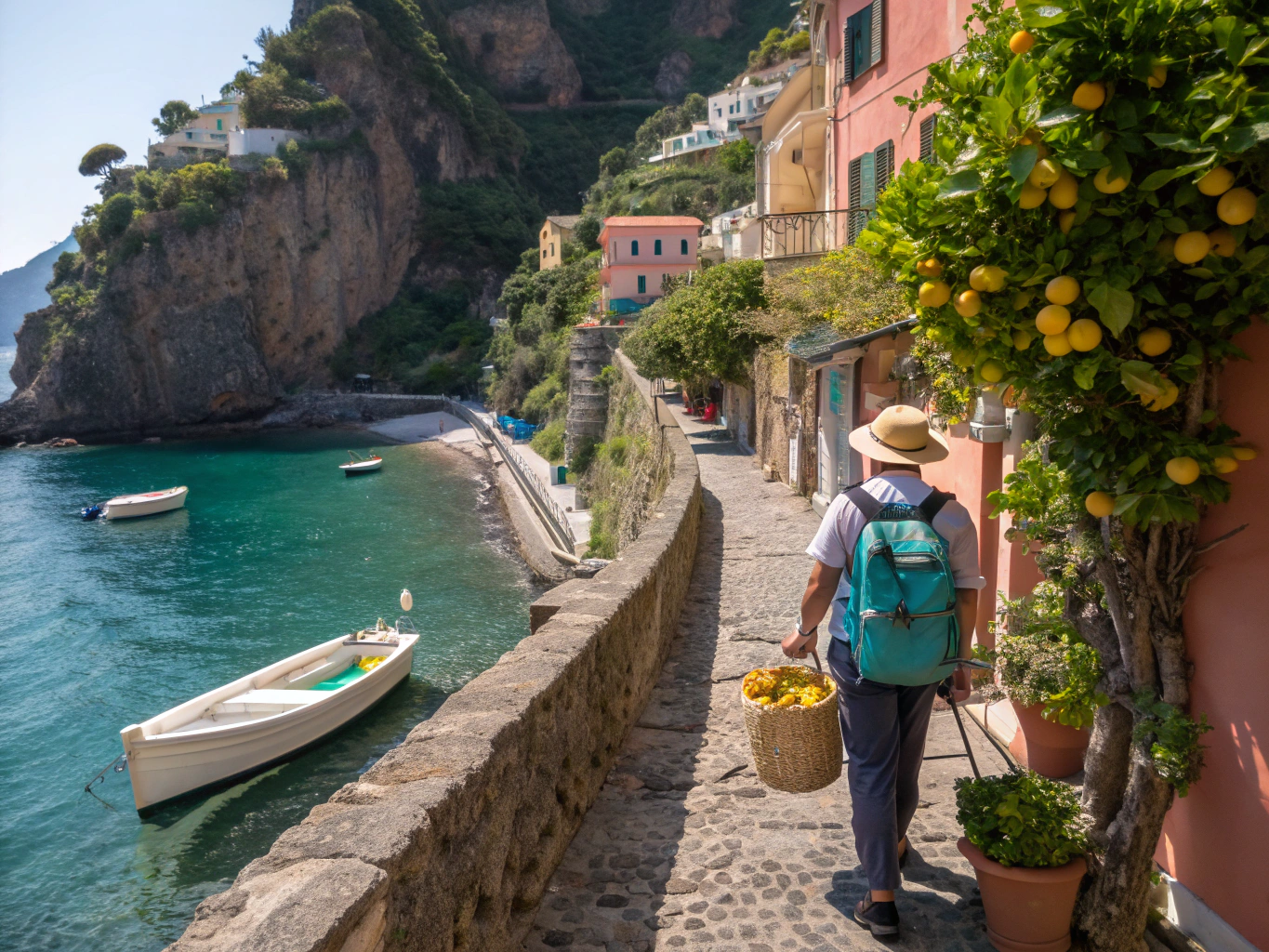 Terrasserte klipper og asurblått middelhavsvann langs Amalfikysten i Italia