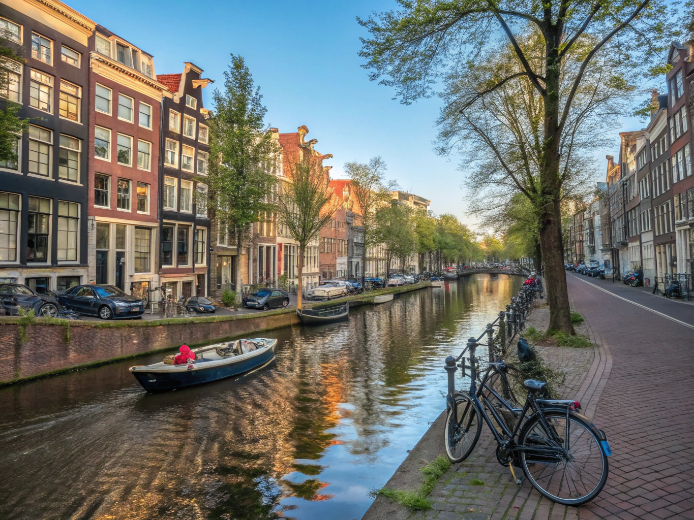 Kanalgater i murstein og blomsterrefleksjoner i Amsterdam, Nederland